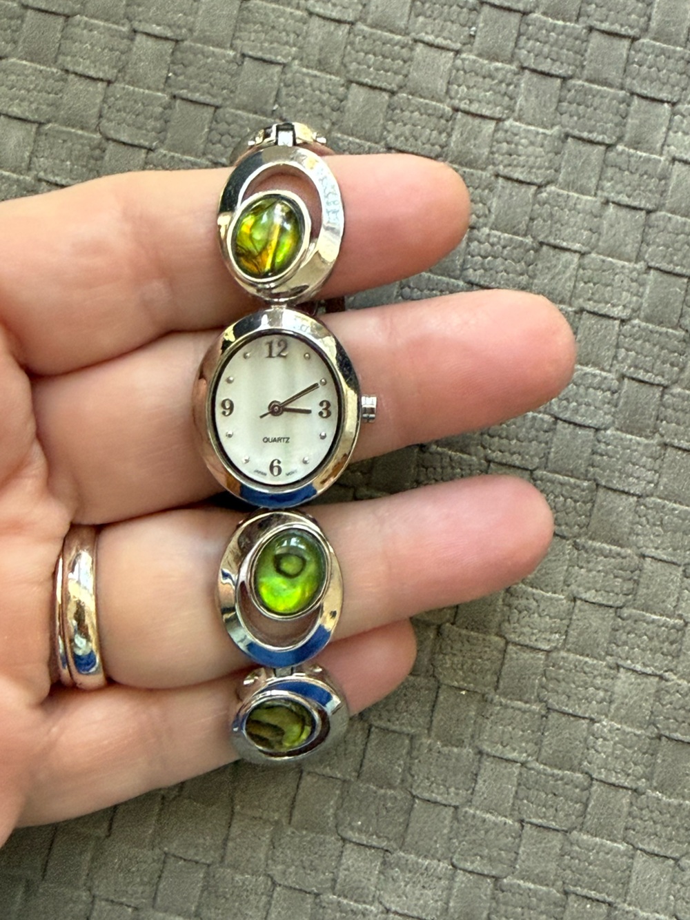 Silver-Tone Women's Bracelet Watch with Green Cabochon Accents